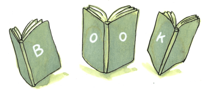  Illustration in green ink and black marker of three open books, with backs and covers facing the viewer, their front covers spelling the word BOOK.