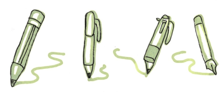 Illustration in green ink and a marker of four different kinds of pens upright in a row, each scribbling a line.