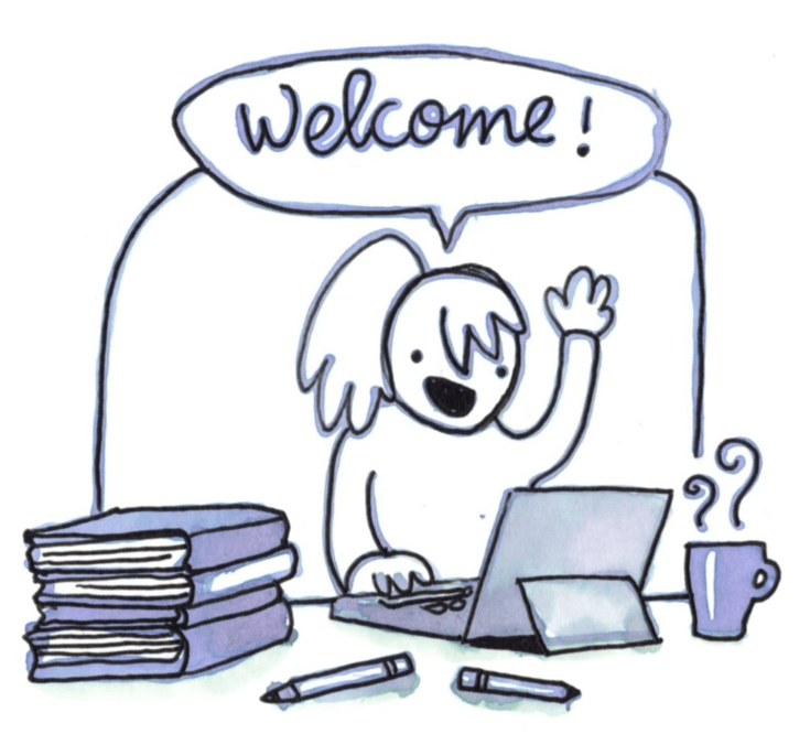 Illustration in purple and blue ink and black marker of Jenni saying “Welcome!” She’s sitting at a laptop, surrounded by a stack of books, pens, and a steaming coffee cup. 
